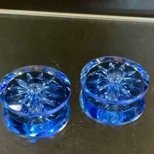 Vintage Blue Glass Candle Holders for Tapered Candles Pair 2 inches Diameter #63
